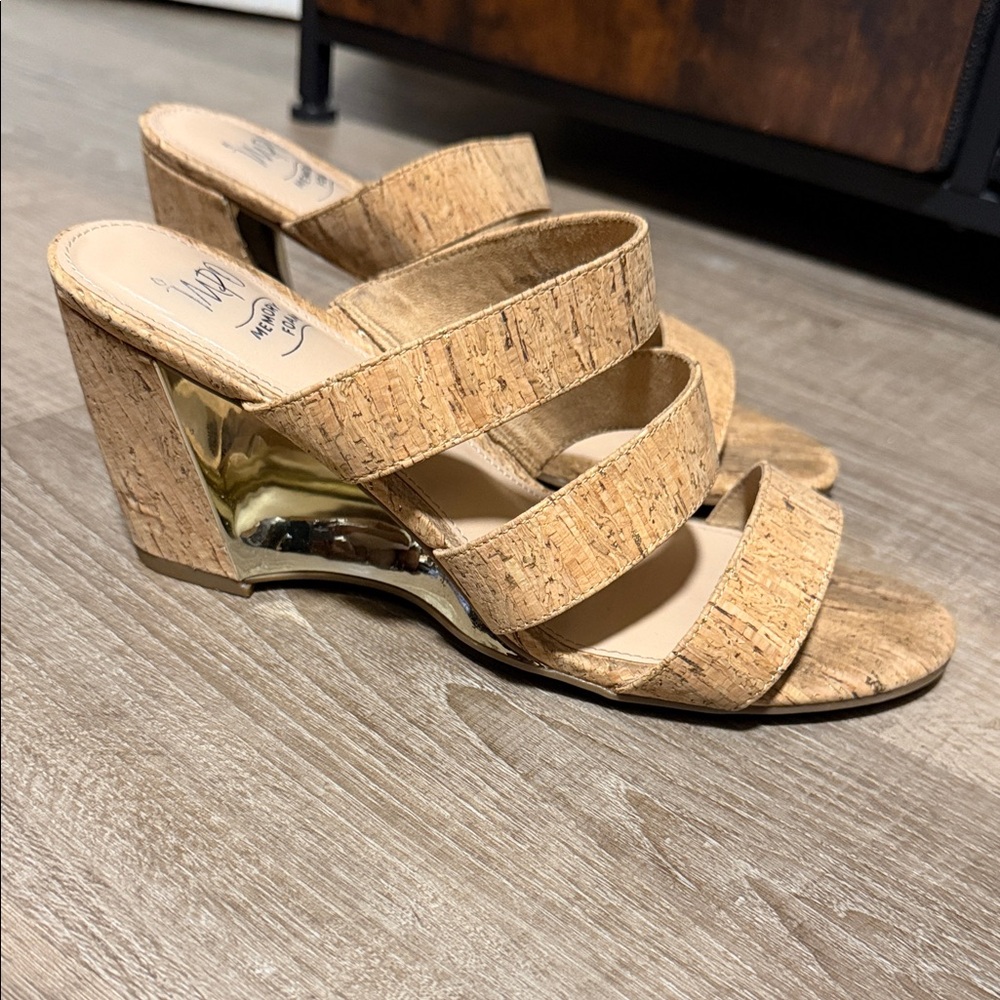 Impo Tan and Gold Cork Wedge Sandals